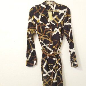 Michael Kors Silk Chain Print Shirt Dress | Navy/Gold | Size L | NWT